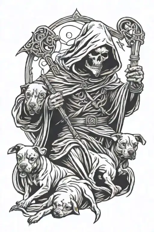 Grim Reaper Holding Pit Bull Dogs