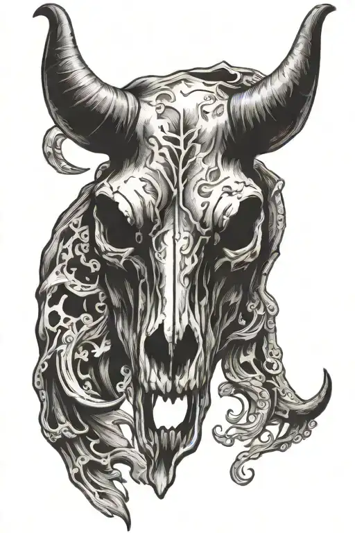 Bull Skull With One Horn Facing Upwards And One Downwards