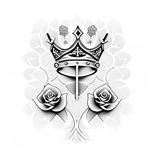 Queen's Crown With Gold Fleur De Lis Surrounded By Red Roses And Green Vines