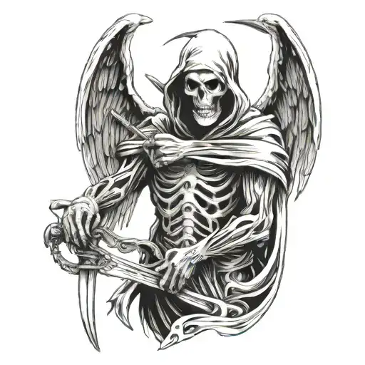 Grim Reaper Holding A Scythe To Angels Neck