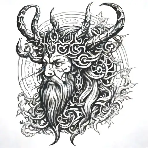 Clock Horned God Black Line Art Tattoo