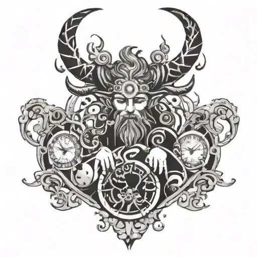 Negative Space Horned God With Entwined Clocks Looking To The Right