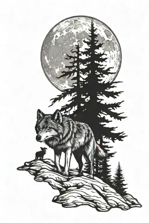 Wolf In Forest Landscape With Moon And Night Sky