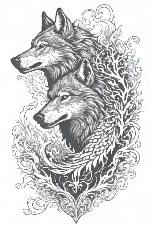 Wolf Howling And Phoenix Rising In Forest Fire Coming