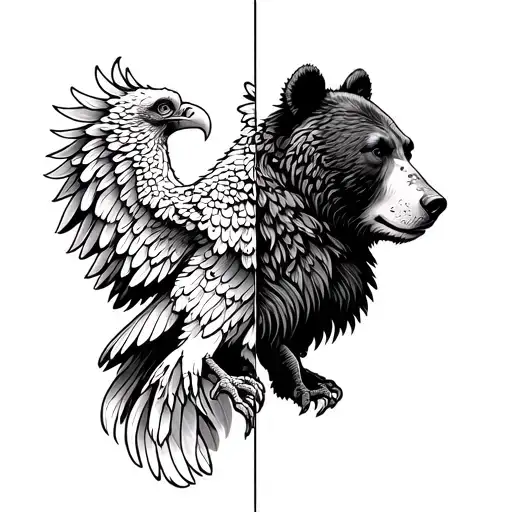 A Tattoo Design Featuring A Griffon Vulture And Bear As Two Sides Of Personality Coming As One Tattoo
