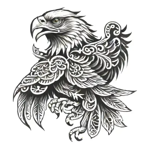 A Stylized Blackwork Tattoo Of A Fierce Mexican Eagle With Intricate Patterns And Details