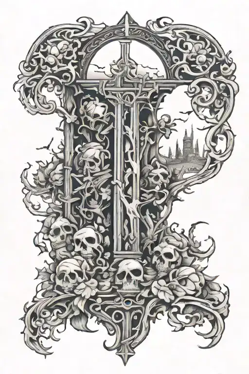 Full Arm Sleeve Of Grave Yard Black And White