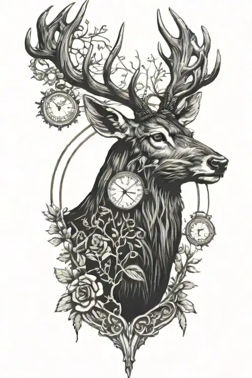 Stag In A Forest With Pocket Watch In Mouth