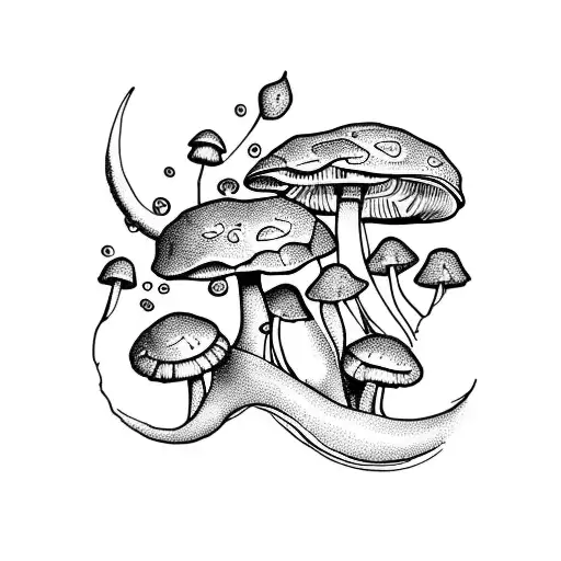 Mushrooms With Ferns And Crescent Moon