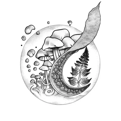 Mushrooms With Ferns And Crescent Moon