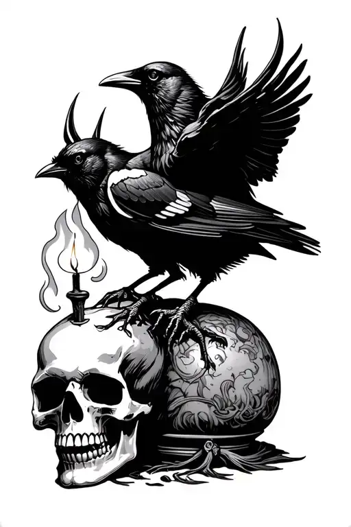 A Crow On A Skull And A Candle Burning