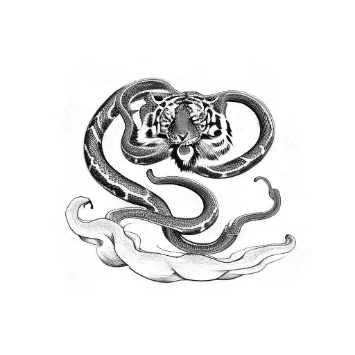 A Snake And A Tiger Fighting In Flames