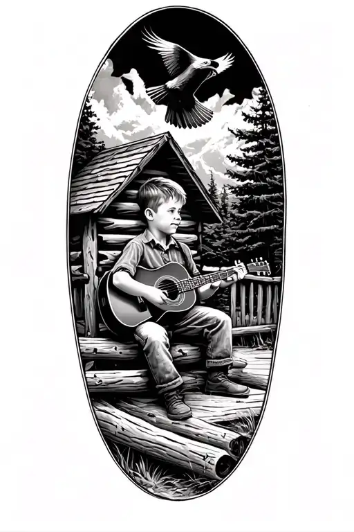 Little Boy Holding Guitar Sitting On A Log Cabin Porch With A Bald Eagle Flying In The Sky