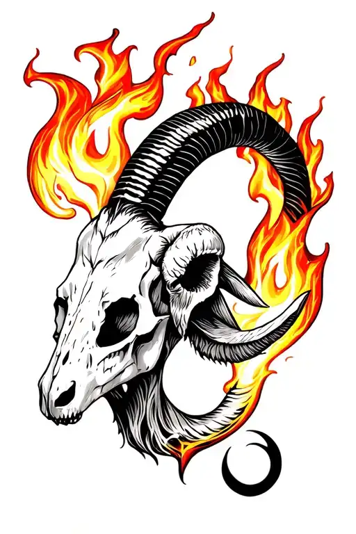 Goat Skull Surrounded Fire Flames