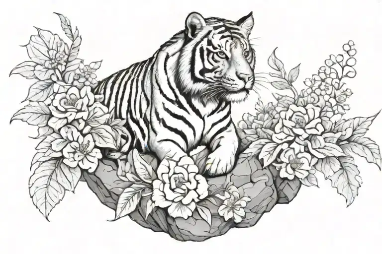 Tiger Standing On Rock Surrounded With Flowers