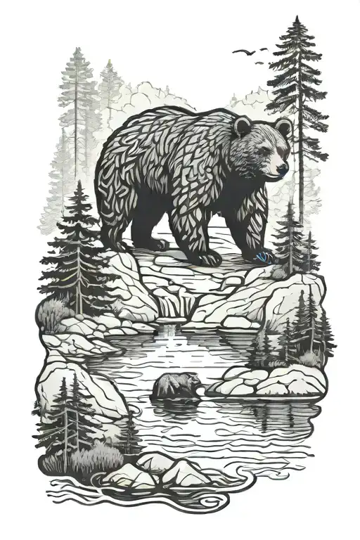 Lake Surrounded By Forest With A Bear