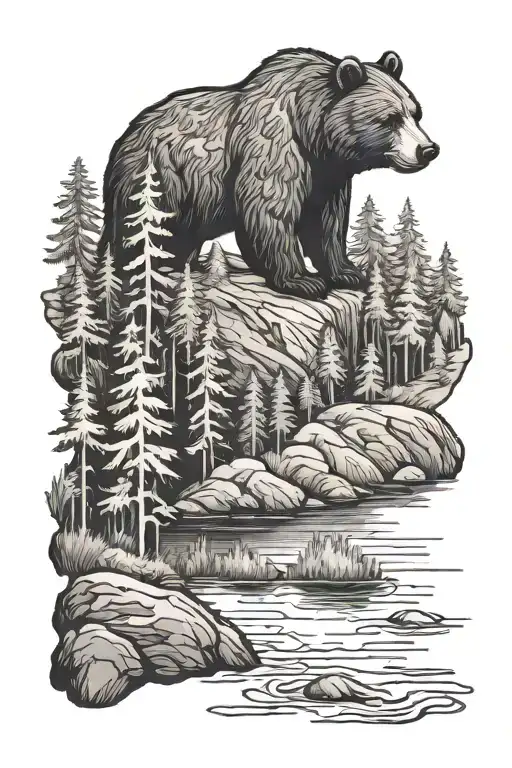 Lake Surrounded By Forest With Bear
