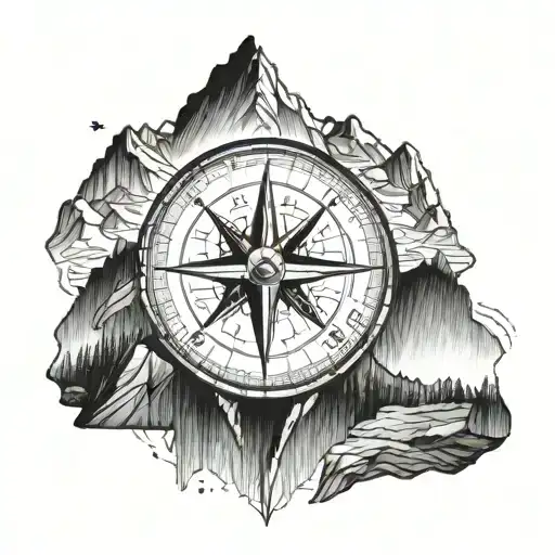 A Detailed Mountain Range With A Hidden Image Of A Compass Integrated Into The Design