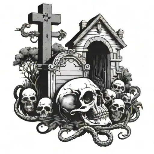 Cemetery With 10 Graves And Skull With Snakes