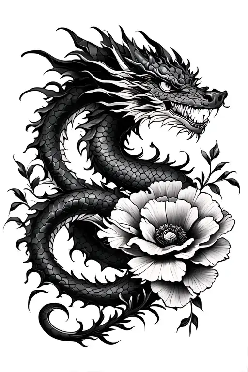 Dragon With Poppy Flowers Intertwined