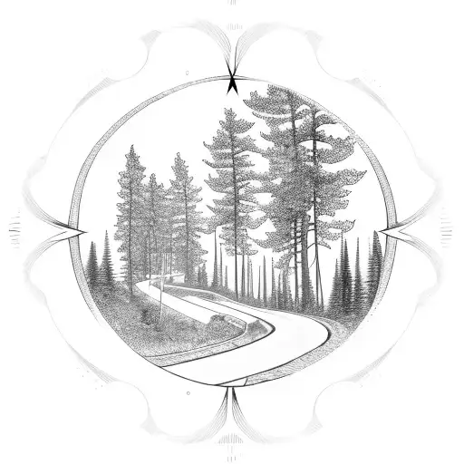 A Winding Road Leading Through A Dense Forest With Compass