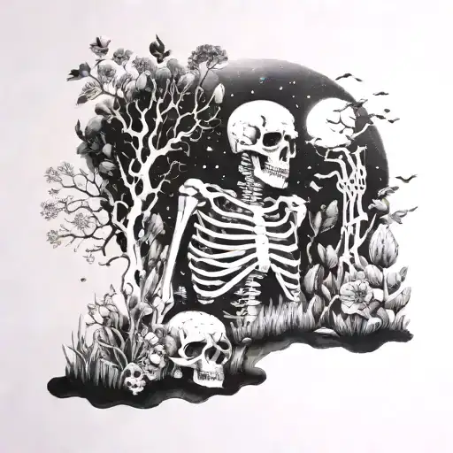 Night Sky Skeleton Mystical Garden Black And White