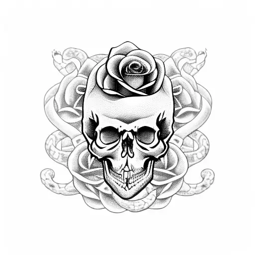 Skull With Snake Looping Through Thte Eyes With Roses At The Bottom