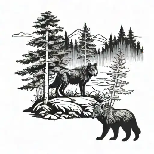 Wolf And Bear In Forest Without Background