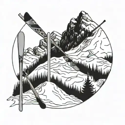 Skis Lined Up Against A Backdrop Of A Snowy Mountain Range In The Austrian Alps