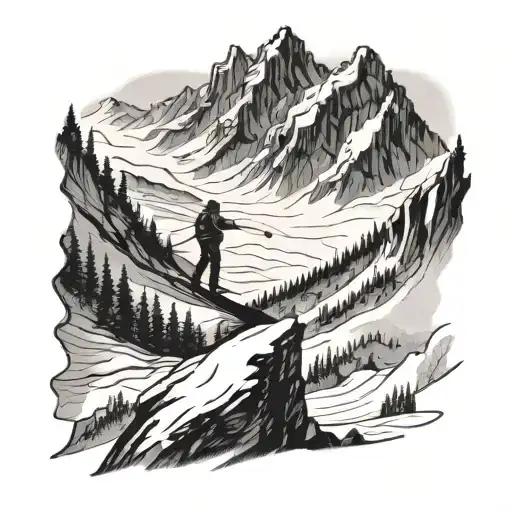 A Majestic Mountain Landscape With A Skier Carving Through Fresh Powder
