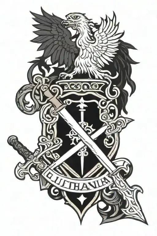Lithuania Army Emblem With Sword Behind It With Flames