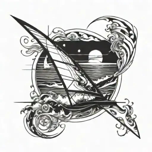Incorporate Elements Of Water Sports Gear Like A Windsurf Into A Dynamic Blackwork Design