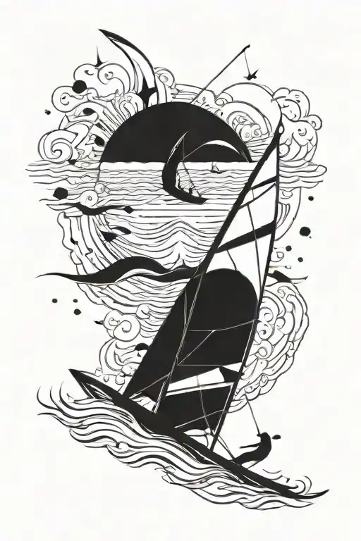 Incorporate Elements Of Water Sports Gear Like A Windsurf Into A Dynamic Blackwork Design