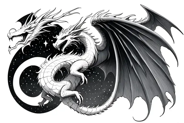 White Dragon With Wings Flying In The Sky Filled With Stars And A Moon