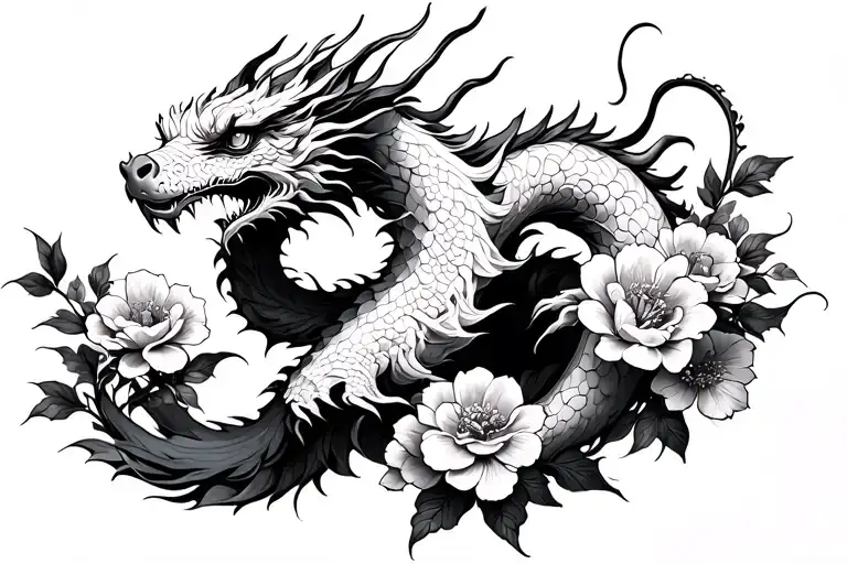White Dragon With Flowers Surrounding
