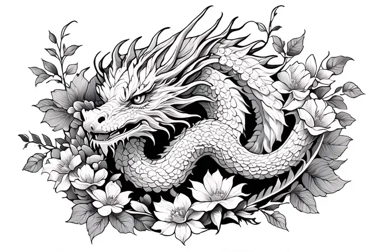 Mythical White Dragon With Flowers Surrounding