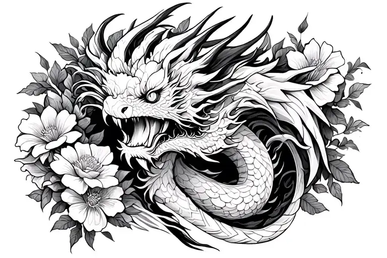 Mythical White Dragon With Flowers