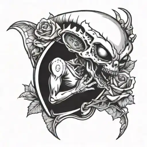 An Alien Wearing Headphones While Biting A Rose