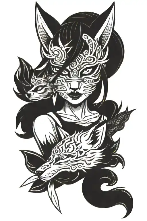 Oni Mask And Fox Mask Around The Girl's Katana