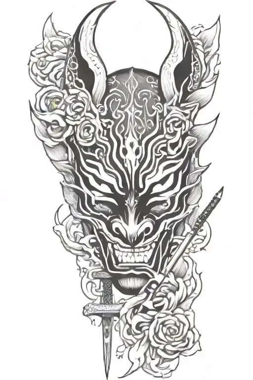 Oni Mask And Fox Mask Around The Katana