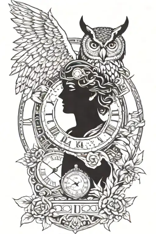 Athena And Owl And Clock Face