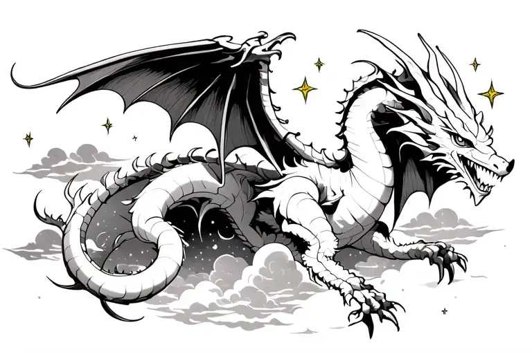 White Dragon Flying In The Sky Filled With Stars And Clouds
