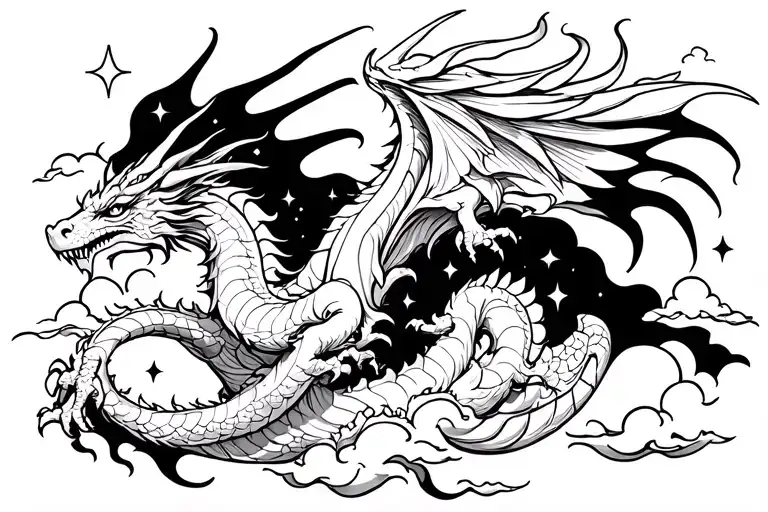 White Dragon Flying In The Sky With Stars And Clouds