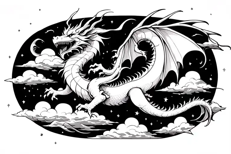 White Dragon Flying In The Sky With Stars And Clouds