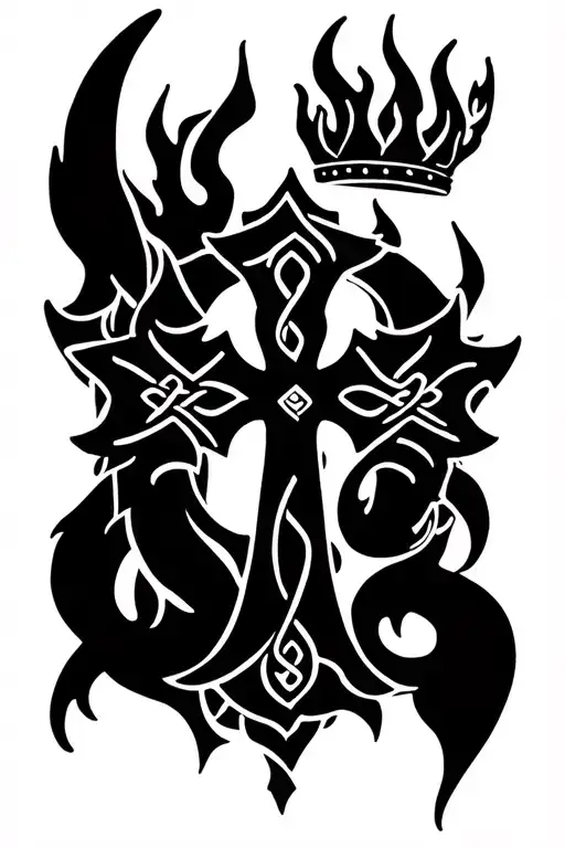 Celtic Cross With Flames And Wings At The Top A Crown