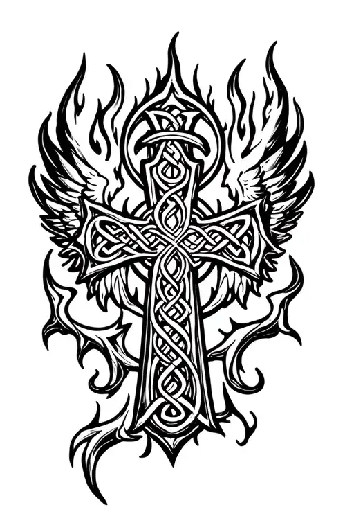 Celtic Cross With Flames And Wings
