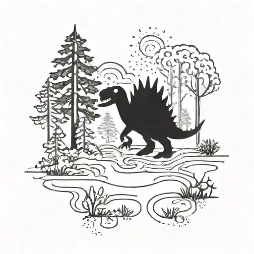 A Silhouette Of A Dinosaur Walking Through A Forest With Musical Notes Floating Around It