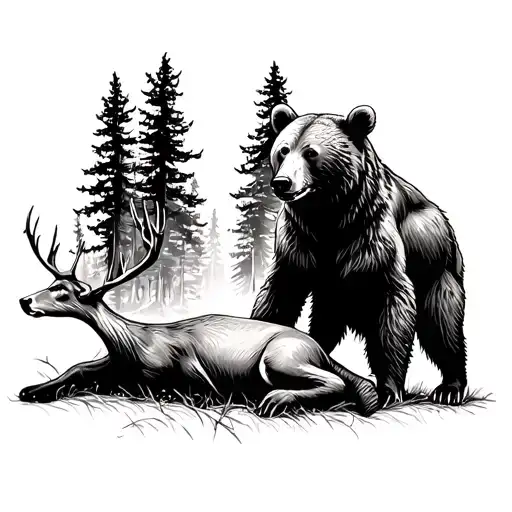 A Bear Standing Over A Dead Deer In The Forest
