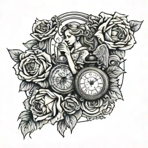 Guardian Angel Holding 2 Identical Pocket Watches Surrounded Bij Roses