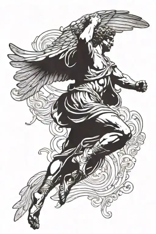 Roman Sculpture Of A Man Flying Upwards With A Blindfold And Has Angelic Wings